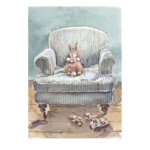 PRE-ORDER Print “Bunny on large striped armchair with toys on floor”