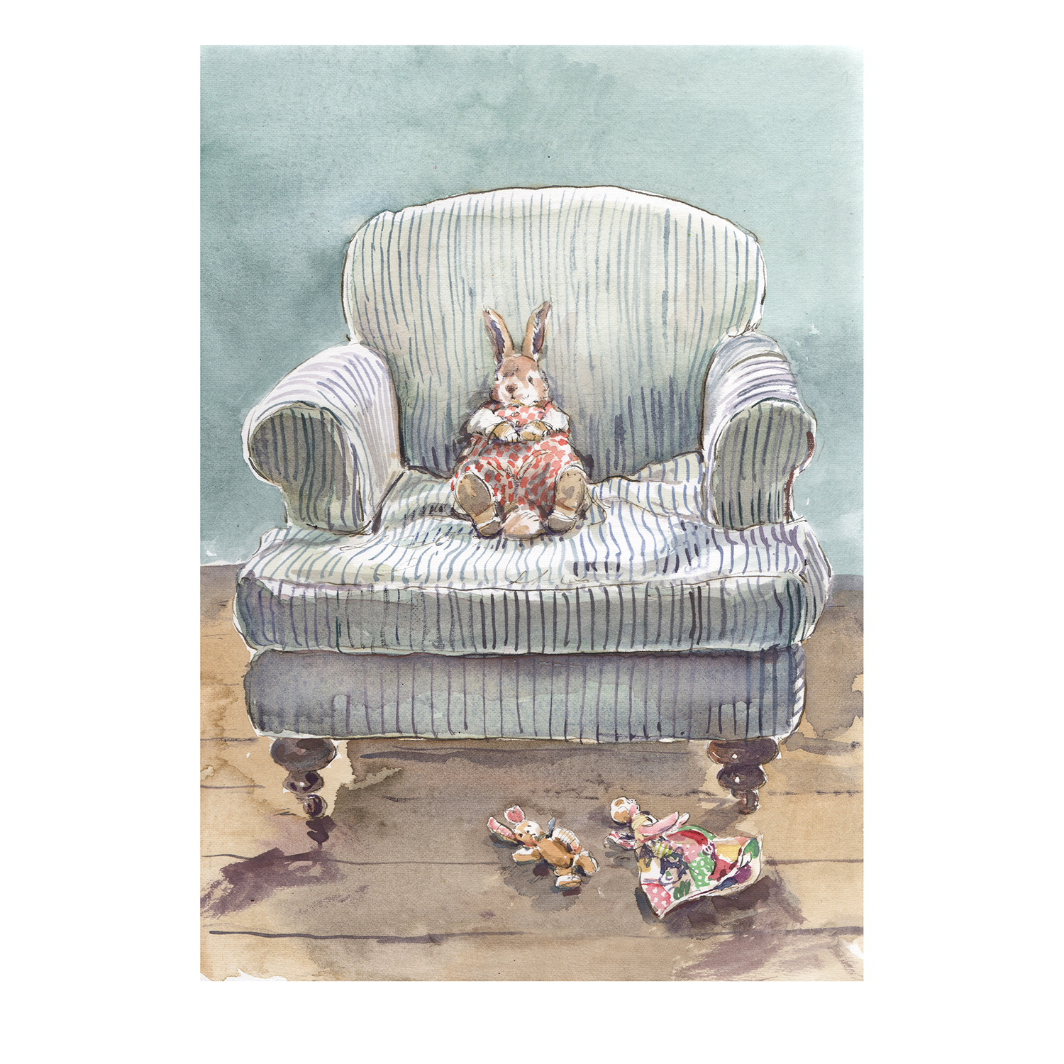 PRE-ORDER Print “Bunny on large striped armchair with toys on floor”
