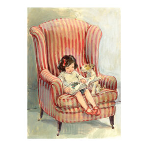 PRE-ORDER PRINT “Story time with dog on red stripey chair”