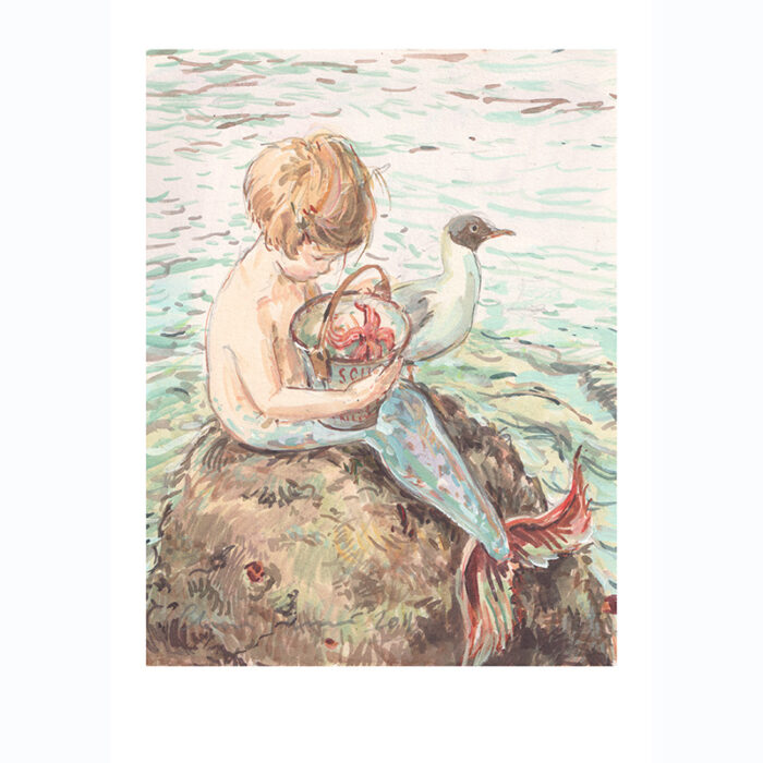 PRE-ORDER PRINT “Mermaid on rock with Starfish + Seagull”