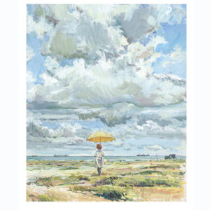 Print “Girl in white coat with Yellow Umbrella”