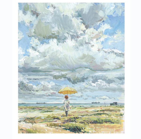 Print “Girl in white coat with Yellow Umbrella”