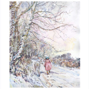 PRE-ORDER Print “Girl in Red Gingham Dress + Wolf on Snowy Walk”