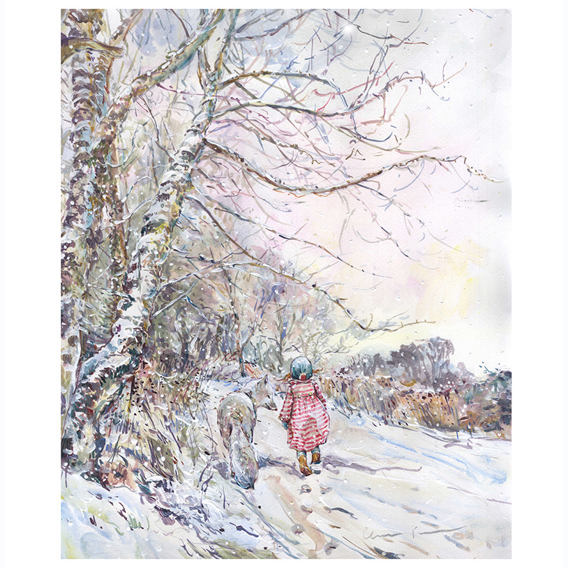 PRE-ORDER Print “Girl in Red Gingham Dress + Wolf on Snowy Walk”