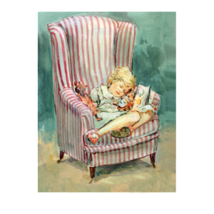 PRE-ORDER Print “Sleeping girl with teddy on Red Stripey Chair”