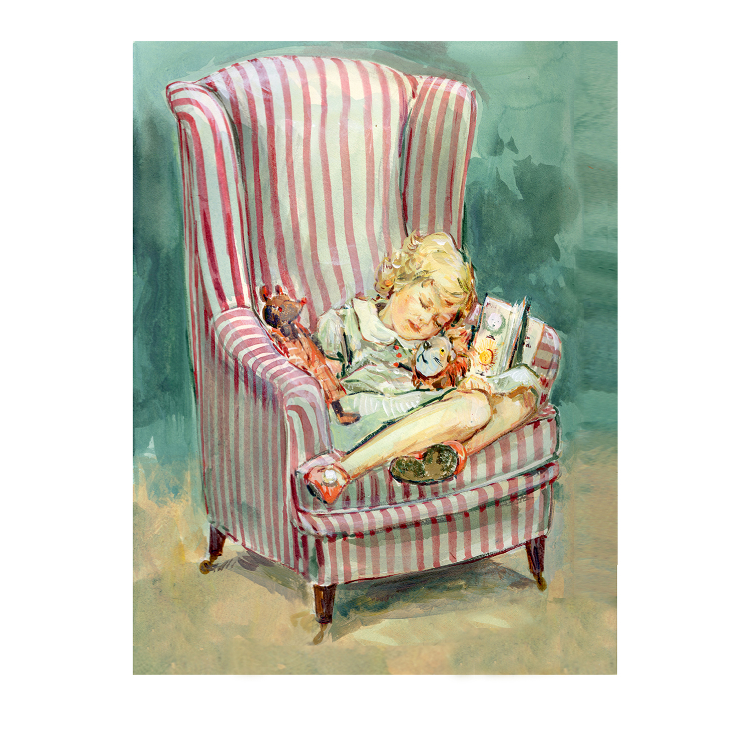 PRE-ORDER Print “Sleeping girl with teddy on Red Stripey Chair”