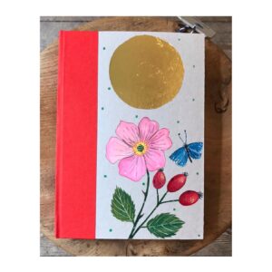 Ruled Journal  Hand painted cover Flower and Rose Hip under golden sun No35