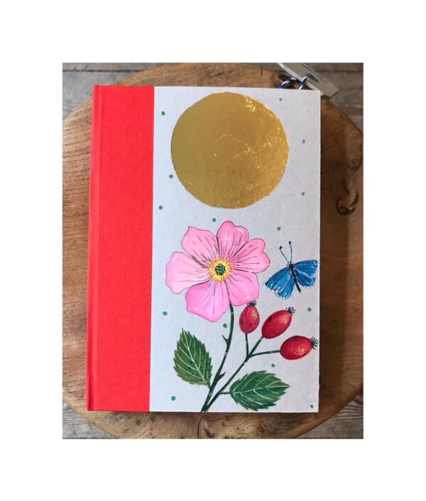 Ruled Journal  Hand painted cover Flower and Rose Hip under golden sun No35