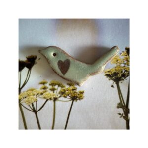 Bird Brooch 3 “Grey + brown heart”