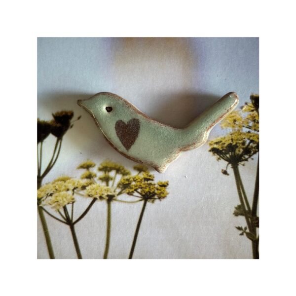 Bird Brooch 3 “Grey + brown heart”
