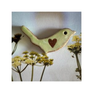 Bird Brooch 4 “Light Green + brown heart”