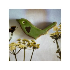 Bird Brooch 6 “Deep green + brown heart”