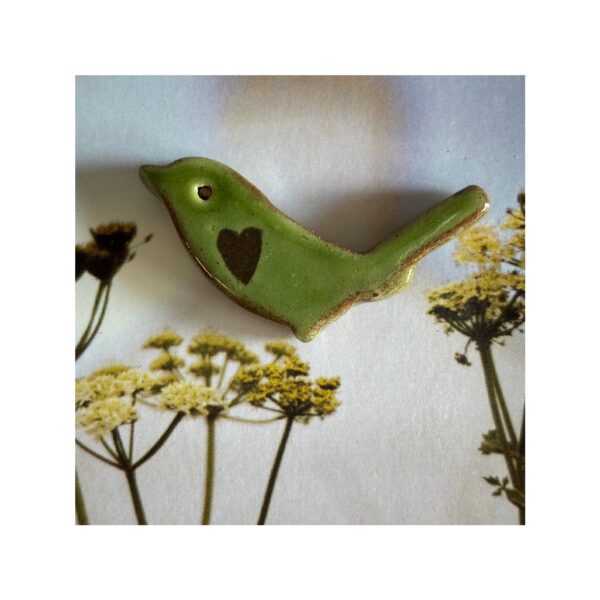 Bird Brooch 6 “Deep green + brown heart”