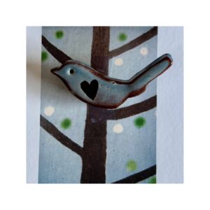 Bird Brooch “Blue + brown heart” 5