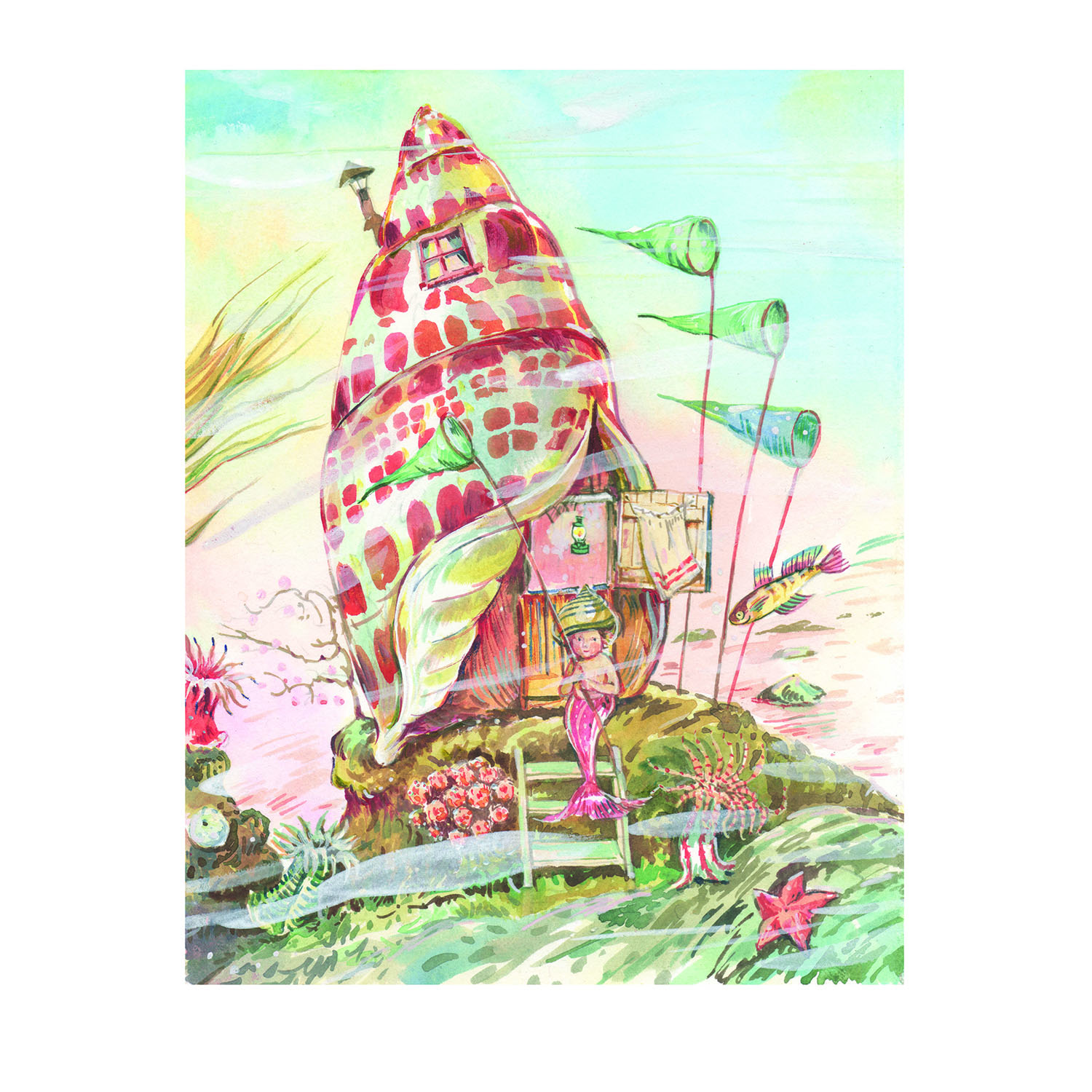 PRE-ORDER NEW PRINT “Tall Pink Mermaid Shell House”