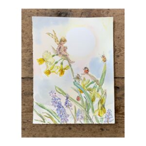 Original Watercolour “Elf and friends on daffodils”