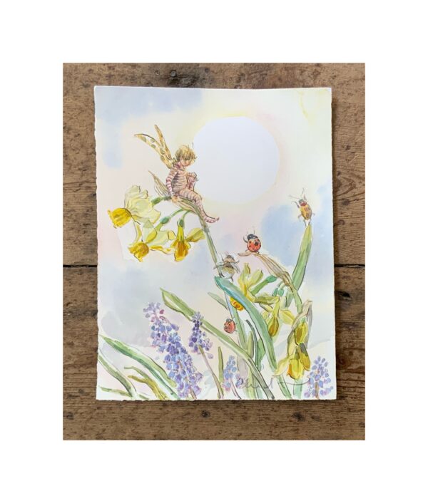 Original Watercolour “Elf and friends on daffodils”