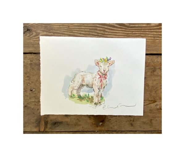 Original Watercolour “Lamb with Pink Bow”