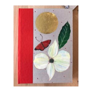 Ruled Journal Hand Painted Cover Large white flower, green leaf and butterfly No67