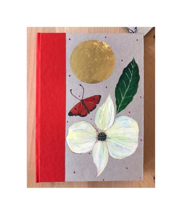 Ruled Journal Hand Painted Cover Large white flower, green leaf and butterfly No67