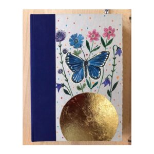 Ruled Journal Hand Painted Cover Large blue Butterfly over golden circle No68
