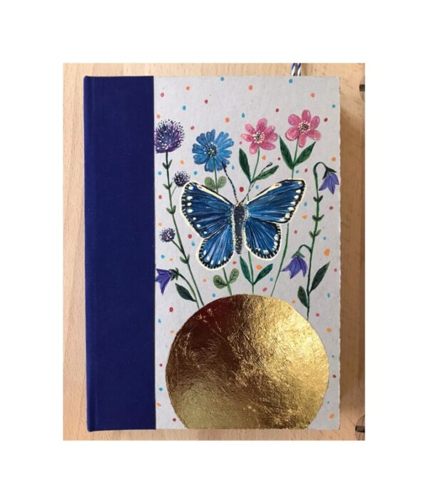 Ruled Journal Hand Painted Cover Large blue Butterfly over golden circle No68