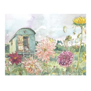 PRINT “Shepherds hut with dahlias and clothes line”