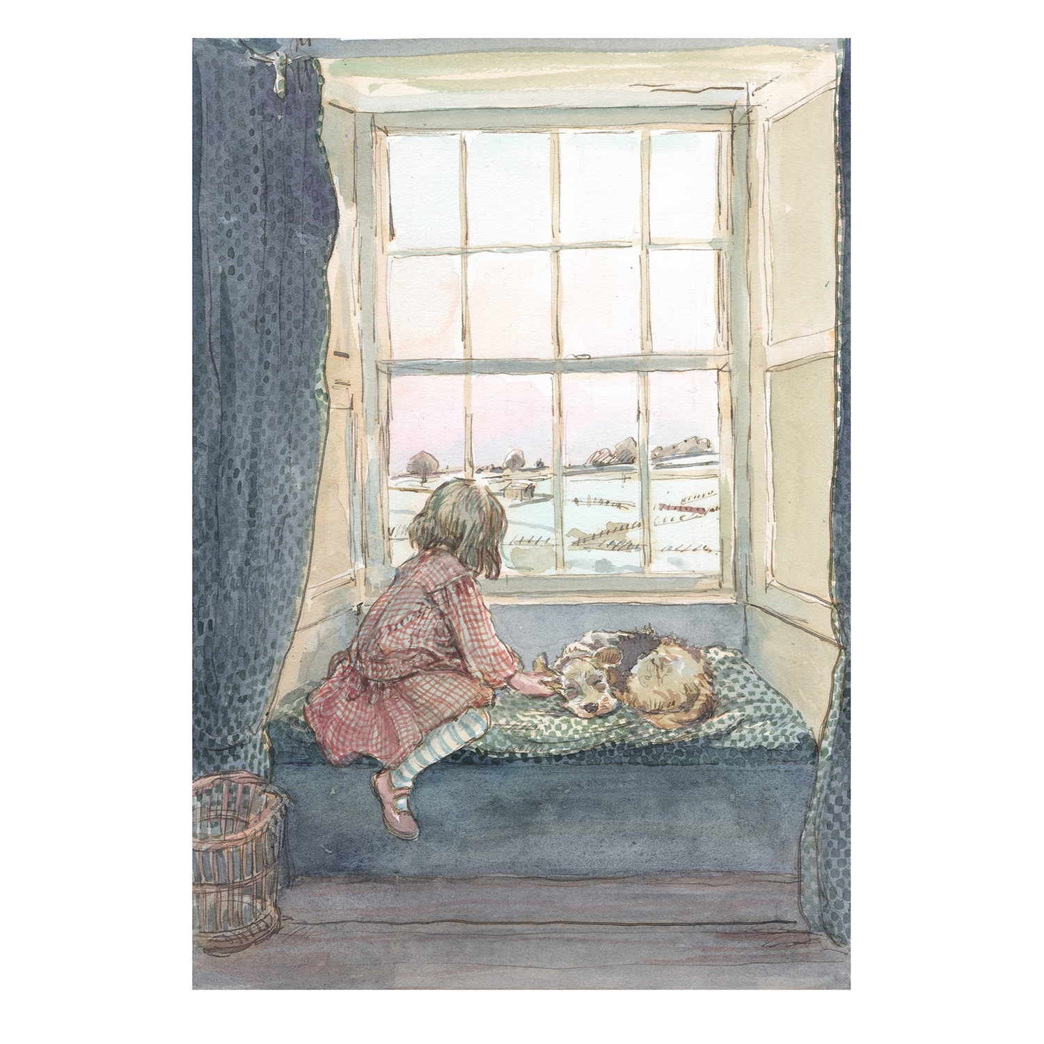 PRE-ORDER PRINT “Girl in gingham dress on window seat with dog”