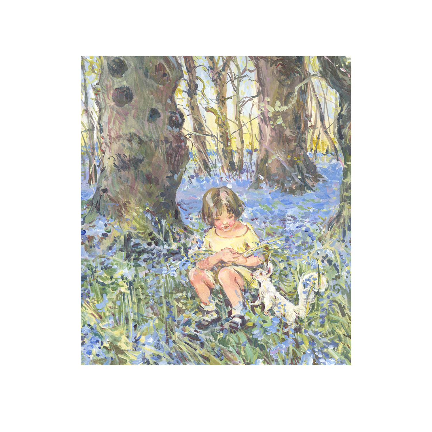 NEW PRE-ORDER PRINT “Girl and white squirrel in bluebell woods”