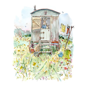 NEW PRE-ORDER PRINT “Rabbits in Tin Hut amongst meadow flowers”