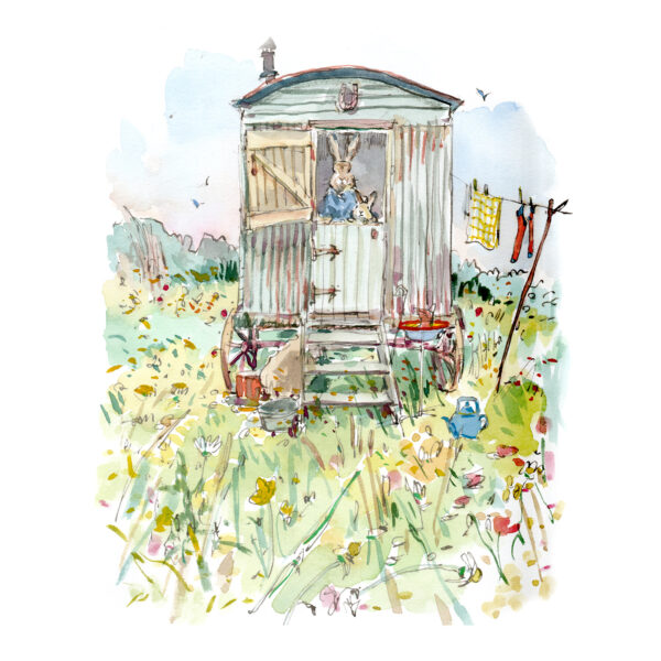 NEW PRE-ORDER PRINT “Rabbits in Tin Hut amongst meadow flowers”