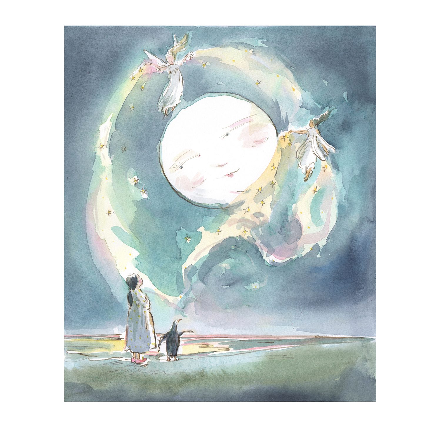 PRE-ORDER PRINT “Girl + Penguin with Moonlight Faeries”