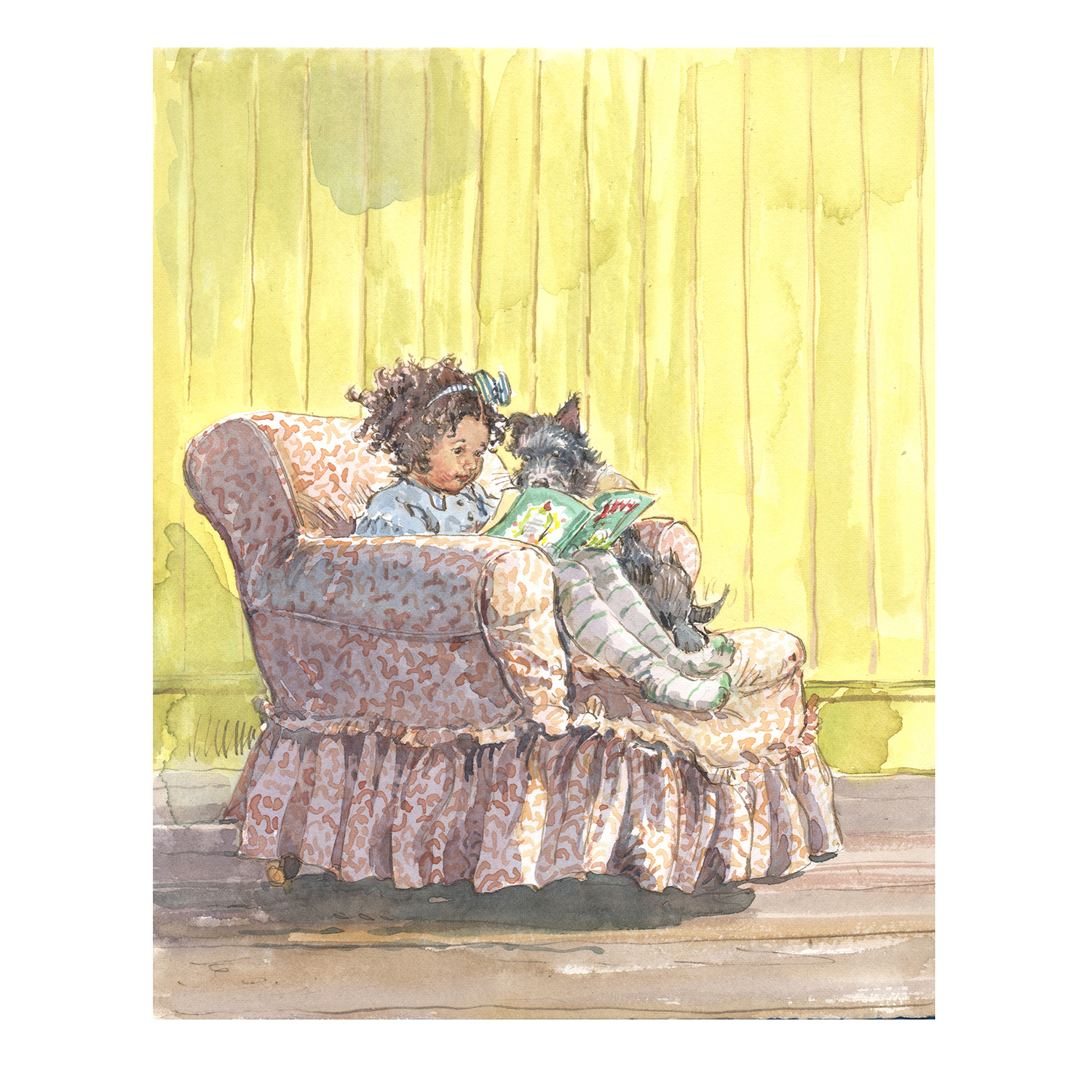 PRE-ORDER Print “Child + Dog on frilly armchair, yellow background”