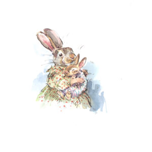 Original Watercolour “Mother Rabbit in spotty dress comforting Baby”