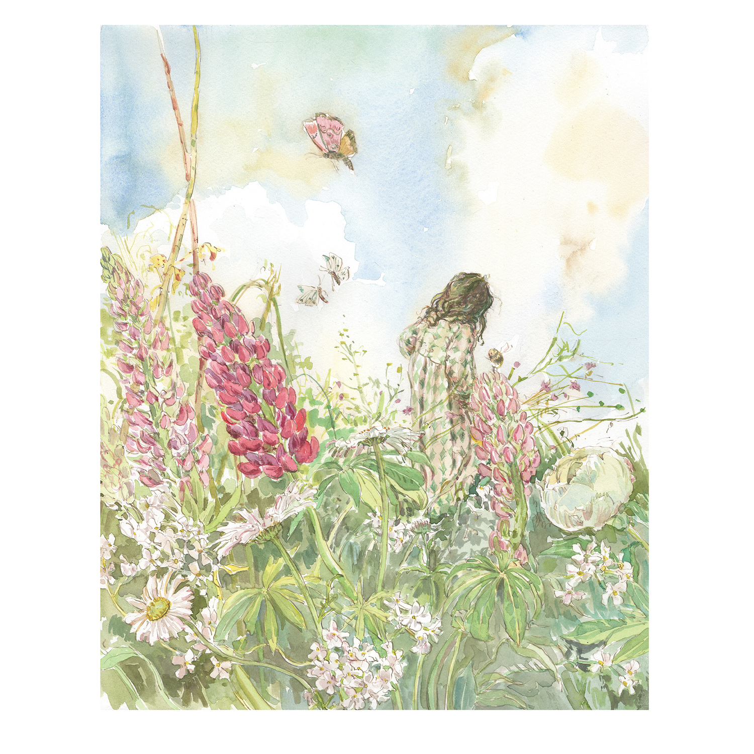 PRE-ORDER PRINT “Summer Lupins with Girl in Green gingham Dress”